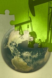 Oil pump jacks and puzzle pieces of world