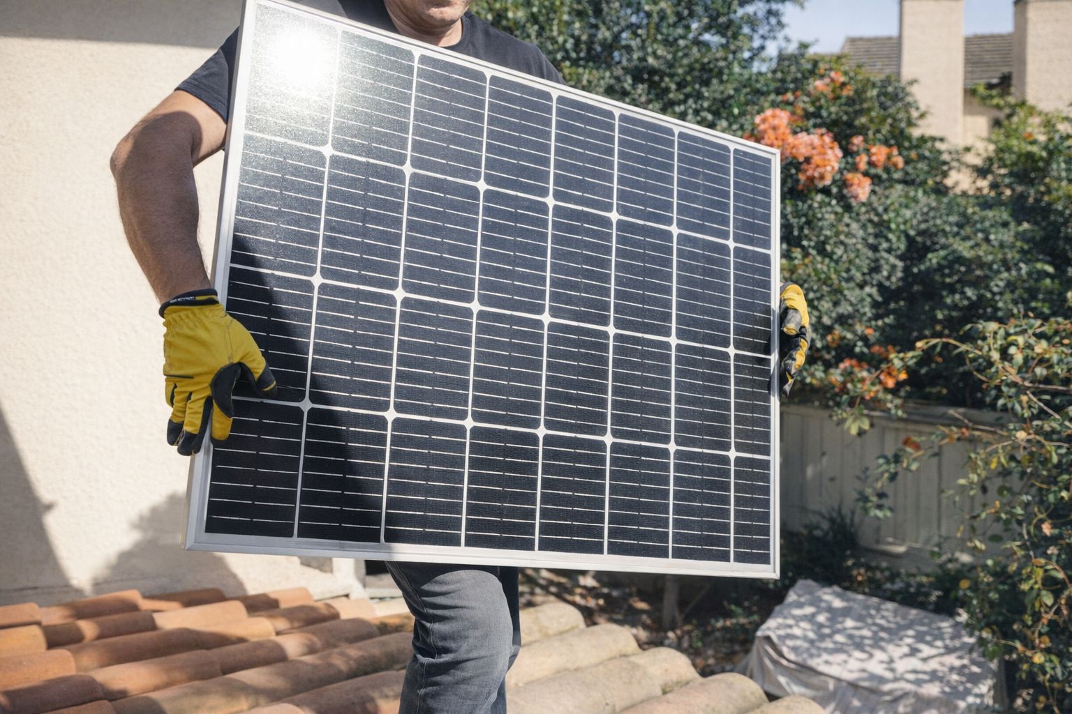 En installatör bär en solpanel på ett hustak för hållbar energi.