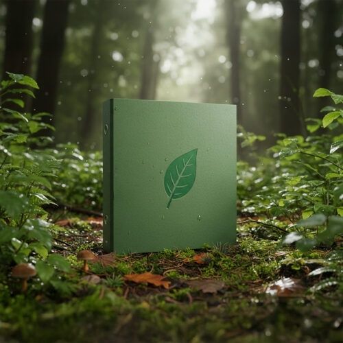 Grön pärm med löv i en mossig skog, som symboliserar miljöarbete
